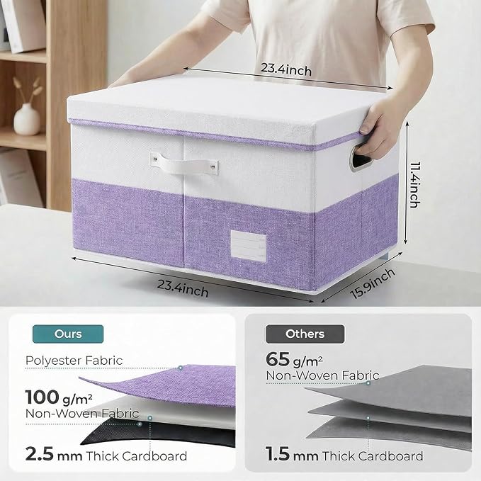 PRANDOM Storage Bins with Lids [3-Pack] Linen Fabric Foldable Storage Boxes Organizer Containers Baskets Cube with Cover for Bedroom Closet Office White&Purple (23.4X15.9X11.4)