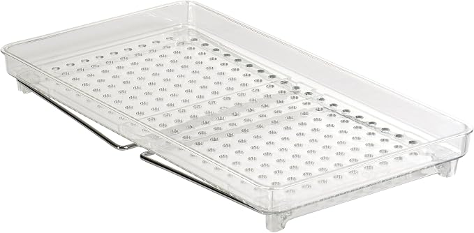 madesmart Medium Stacking Shelf, Organizer for Spices, Make-Up, Bottles & Jars, Collapsible Legs for Cabinet or Counter Storage, Clear