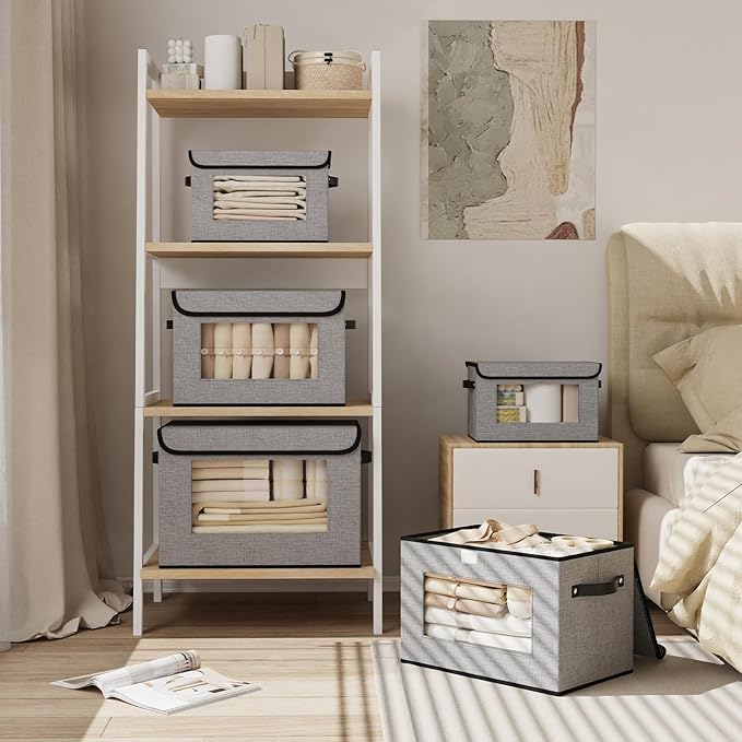 Gray Storage Baskets with Lid,Closet Bin,15x9.8x9.8in,3Pack | Fabric Storage Bin with Handles,Portable Decorative Box for Clothes,Hat, Books,Shelf Baskets,Closet Organizers for Bedroom