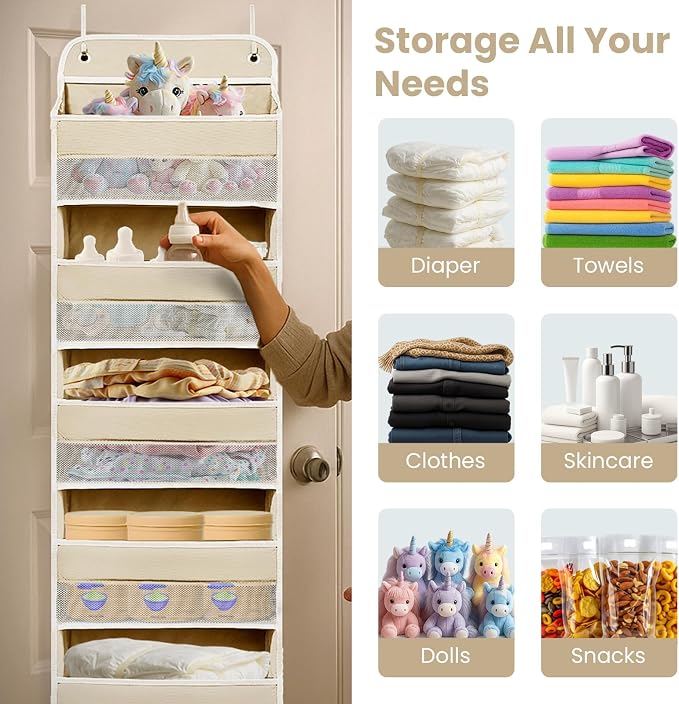 Easy Assembly Over The Door Organizer, 6 Shelves&10 Side Pockets, Heavy-Duty Reinforced Mesh Rack Holds 44lb, Hanging Behind Door Storage for Bathroom Pantry, Nursery, Closet, Shoes,Towels-Ivory White