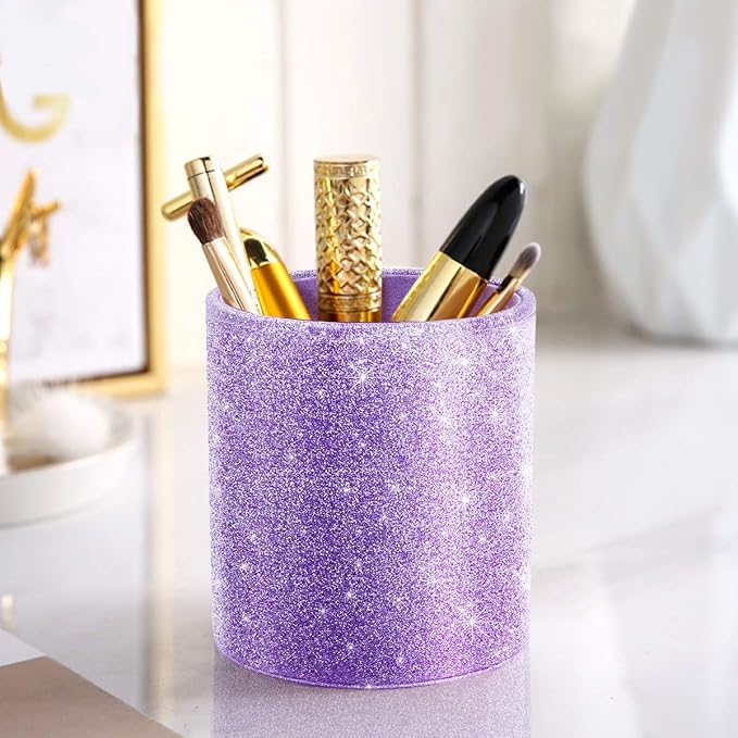Pen Holder for Women Girls, Pencil Cup Desk Glitter Sturdy Makeup Brush Holder Large Pu Leather Luxury Multi-Functional Organizer Cup for Office, Classroom, Home, Purple