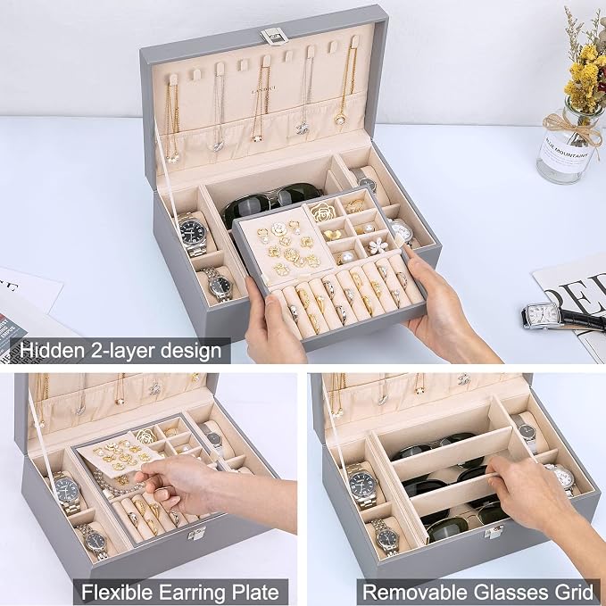 LANDICI Jewelry Box Organizer for Men Women, 2 Layer 4 Slot Watch Storage Case with Removable Tray, PU Leather Large Jewellery Holder Display for Watches Sunglasses Rings Earrings Necklace, Grey