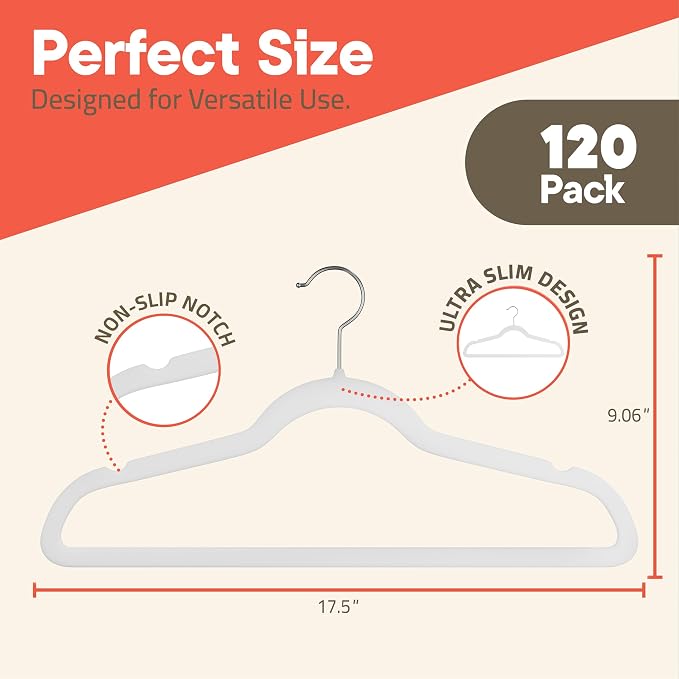 White Velvet Hangers 120 Pack – 360° Swivel Hook, Non-Slip and Space Saving Hangers, Heavy-Duty 11 lbs Weight Capacity - Smooth Velvet Finish for Crease-Free Clothes and Effortless Closet Organization