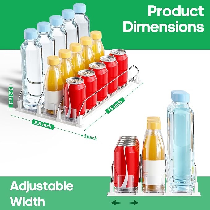 Drink Organizer for Fridge, Automatic Drink Dispenser for Fridge, 12-20oz Soda Can Dispenser for Refrigerator, Soda Can Organizer for Pantry Holds up to 15 Cans, 3 Row