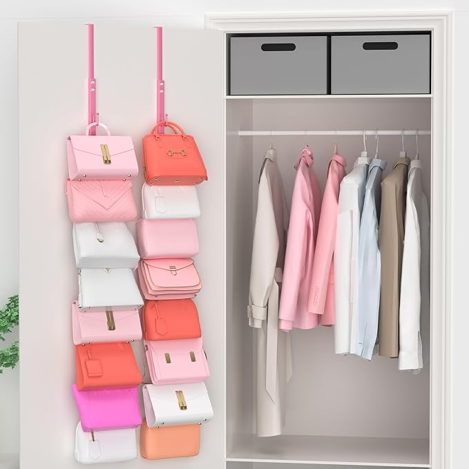 SWTYMIKI Over the Door Purse Organizer - 2 Packs Wall Mounted Purse Rack with 8 Hooks Design, Hanging Handbag Organizer Storage Holds up to 16 Bags, Bag Rack for Closet, Door(Pink)