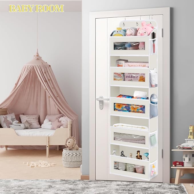 KYEVIS Over The Door Organizer, 5 Shelves Closet Door Hanging Organizer with 10 Mesh Pockets, Nursery Closet Organizer, Baby Essentials, Dorm Room Essentials for Girls