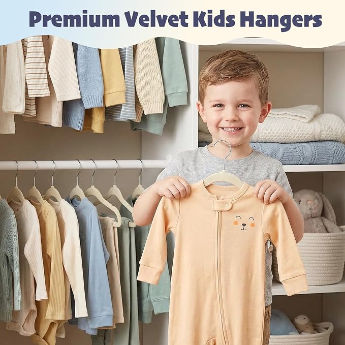 HOUSE DAY 11 Inch Velvet Baby Hangers 50 Pack Beige, Premium Kids Hangers for Children, Infant & Toddler Clothes, Durable Non Slip Small Baby Felt Hanger for Closet, Ideal for Everyday Use