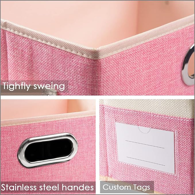 PRANDOM Fodable Storage Bins for Closet [3-pack] Decorative Fabric Storage Baskets Cubes with Leather/Metal Handles for Shelves Bedroom Living Room Pink&Cream (11.5x8.5x6.7 Inch)