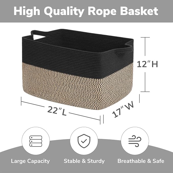 Goodpick Large Blanket Basket, 22" x 17" x 12" Wicker Storage Baskets for Organizing, Rectangle Nursery Basket for Toys Storage, Dirty Clothes Baskets for Living Room, Bedroom