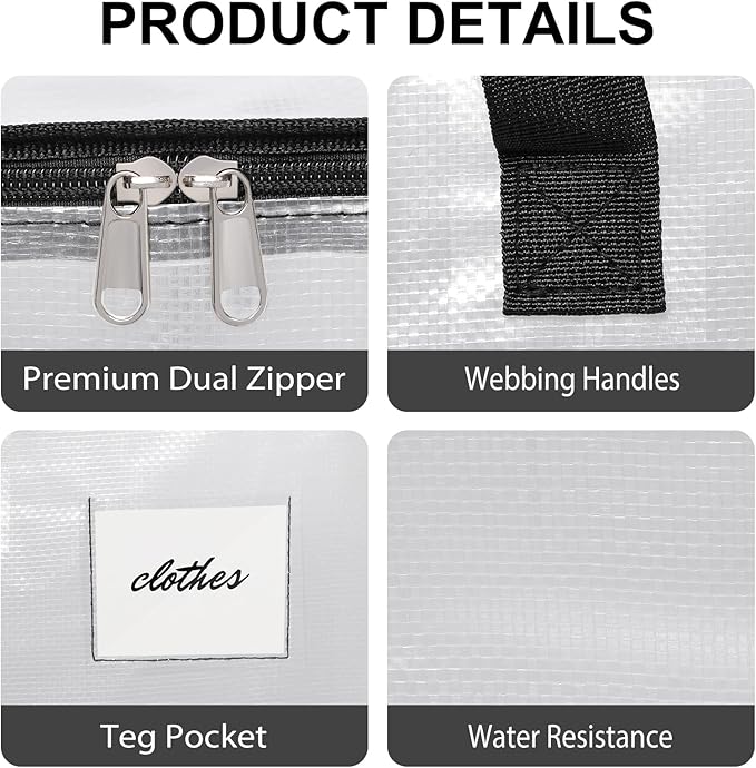 6 Pack Extra Large Heavy Duty Clear Moving Bags with Reinforced Zippers & Wide Carry Handles, See-Through Storage Totes for Clothes Packing, Dorm Moves & Home Organization