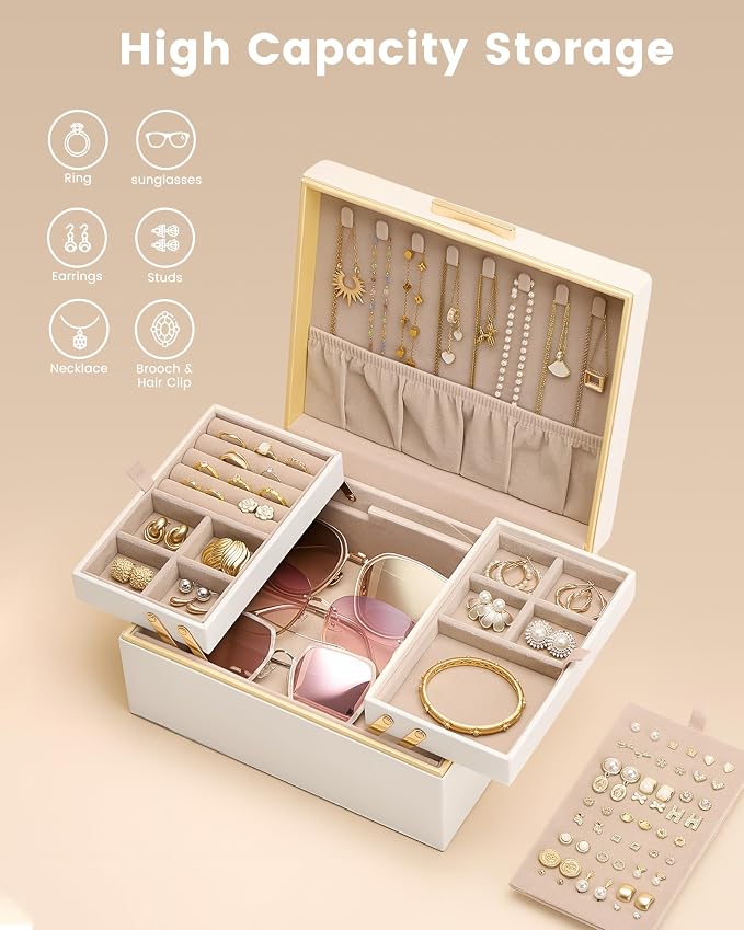 Lolalet Jewelry Box Organizer for Women Girls, 2 Layer Jewelry Organizers and Storage for Necklace Earrings Rings Bracelets, Large Jewellery Holder Case Birthday Gifts -Cream