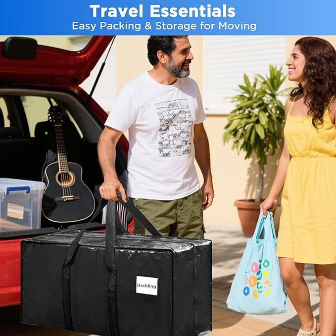 BETU 12 Pack Moving Bags Moving Storage College Dorm Camping Packing Travel PE Heavy Duty, Sturdy Handle, Zipper Large Storage Tote Bag Moving Boxes Box Alternative - Black 29L x 14W x 13H