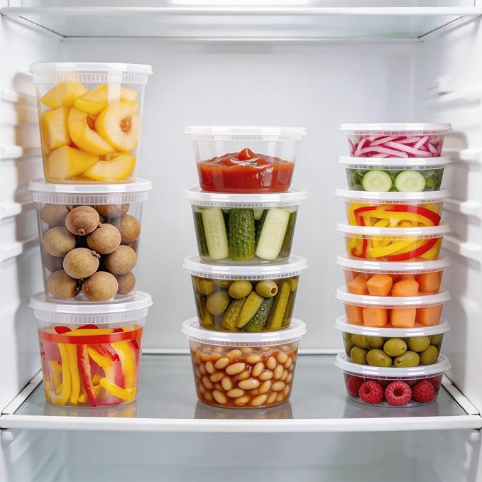 BYSNOW 60 Sets Deli Containers with Lids, 32/16/8 oz X 20 Set Each, Leak-Proof & BPA Free Airtight Stackable Takeout Plastic Food Storage Containers, Freezer/Microwave/Dishwasher Safe