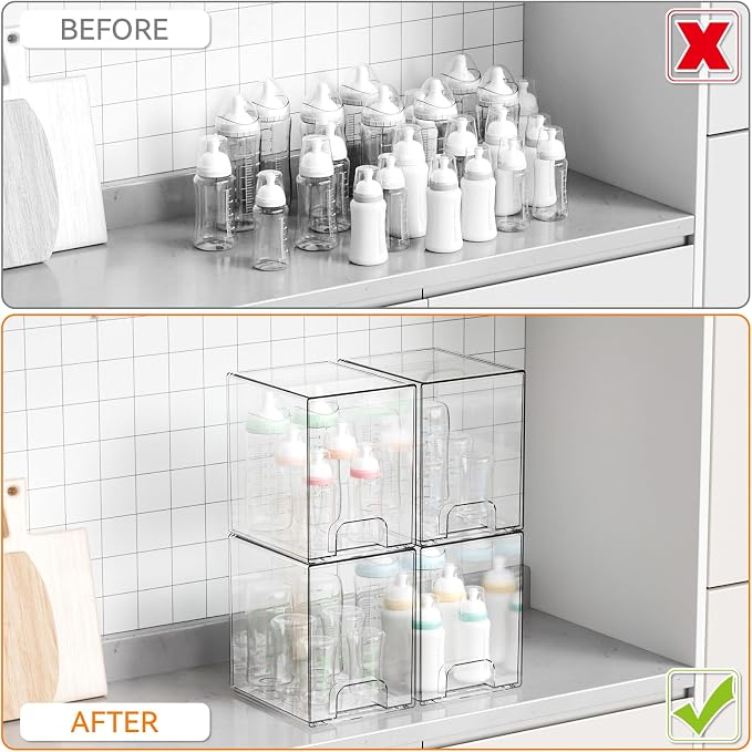 Yieach 2 Pack Clear Stackable Storage Drawers,7.6" H Baby Bottle Organizer,Acrylic Drawer Containers for Cosmetics,Skincare,Beauty Products,Cabinet,Vanity,Kitchen,Under Sink and Bathroom Storage Bins