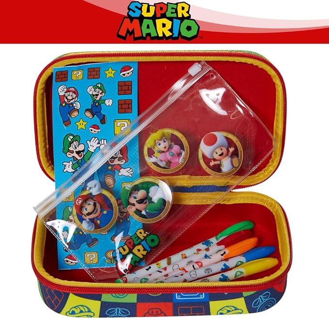 Innovative Designs Super Mario Pencil Case Set with Stickers and Gel Pens for Kids, Molded with Zip Closure