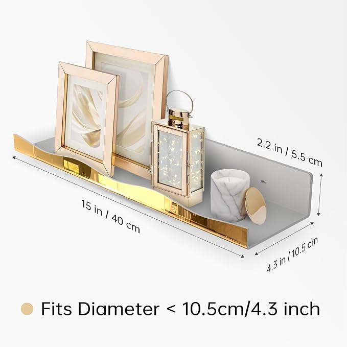 YMVV 15.7 in Large Golden Reflective Acrylic Mounted Floating Shelf, Perfume Organizer Shelf, Modern Bathroom Storage Toy Display Organizer Decor 4 Pack