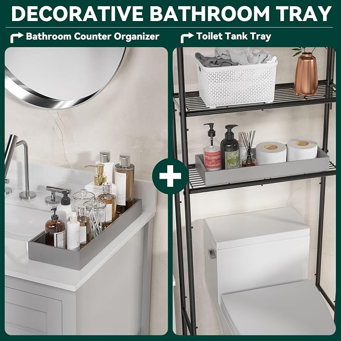 Lixple Bamboo Drawer Organizer, Extra Large Silverware Organizer for Kitchen Drawer, Stackable Utensil Organizer, 2 Pcs Toilet Tank Topper Tray, Wooden Toilet Paper Basket (Silver, 17 X 6 X 2 Inch)