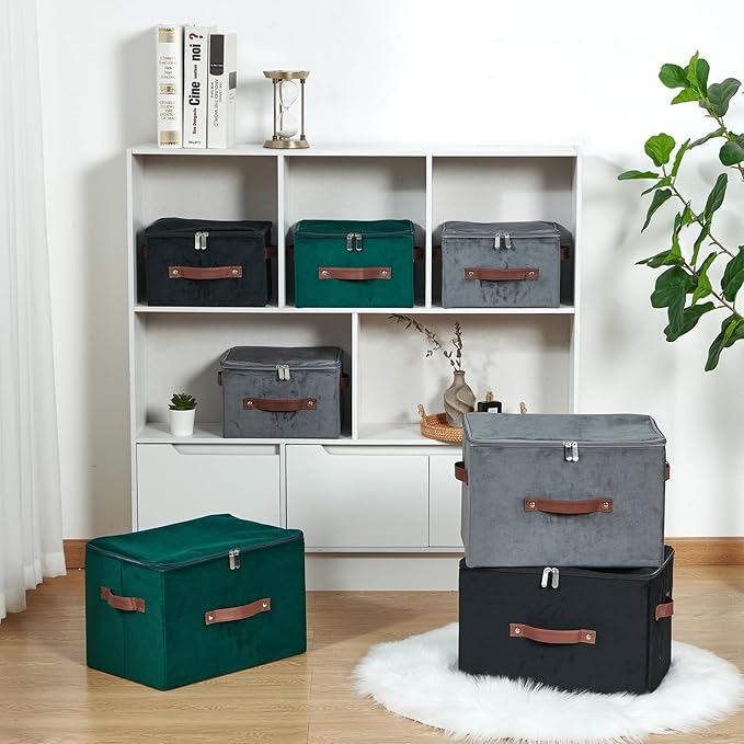 Storage Bins with Zipper Lid Velvet Fabric Storage Boxes Lidded Baskets Foldable Washable Decorative Closet Shelf Clothes Organizer Container with PU Leather Handles (Black, Small)