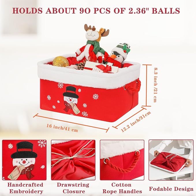 Christmas Gifts Baskets Empty Christmas Ornament Box Xmas Storage Baskets Canvas Toys Organizer Bin for Holiday, Snowman Raffle Basket Foldable Baskets for Nursery/Living room, Kids Toy Chest, Large