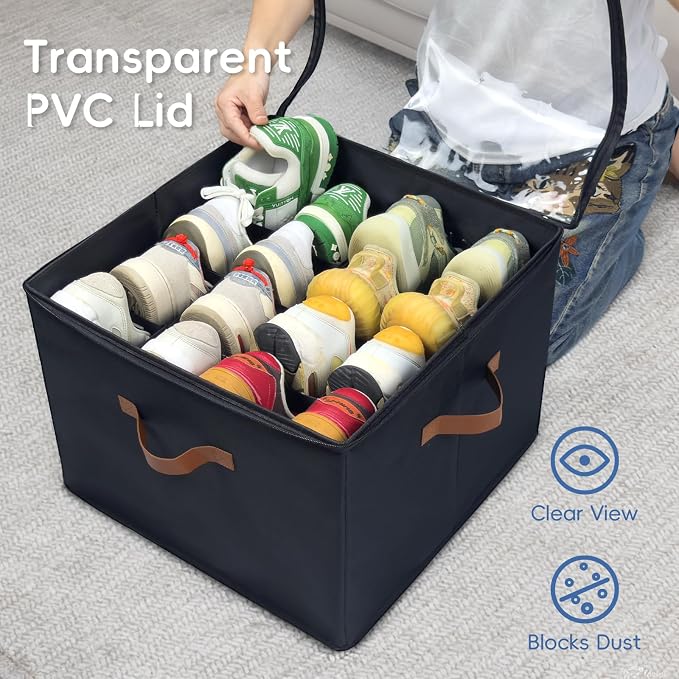 𝐌𝐄𝐂𝐈𝐍𝐅𝐔𝐋 Fabric Shoe Organizer for Closet, 2 Pack Shoe Storage Organizer with Clear PVC Cover and Adjustable Dividers, Fits 16-32 Pairs – Shoe Organizer Box Foldable & Dustproof