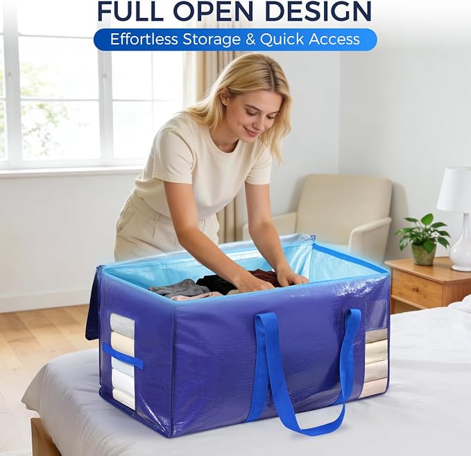 BAGAIL Heavy Duty Moving Bags with Strong Handle, Extra Large Moving Boxes, Storage Tote for Clothes, College Moving Supplies(6 Pack, Blue-windows)
