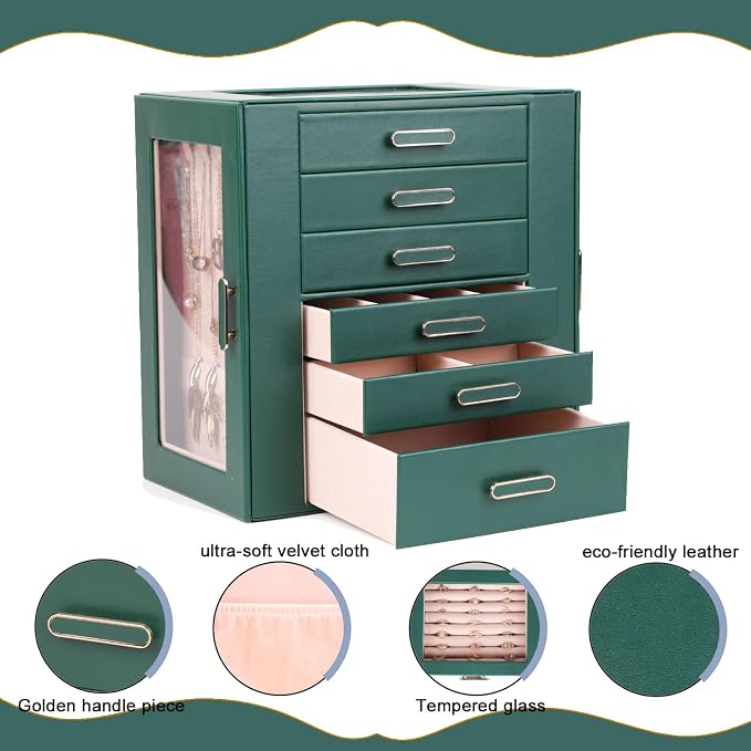 BOOVO Clear Lid Jewelry Box,3 Layers Jewelry Organizer Large Jewelry Storage Box with 2 Drawers,Jewelry Holder Organzier of Rings Earrings Necklace Bracelets for Women (Green, 6 Layer)