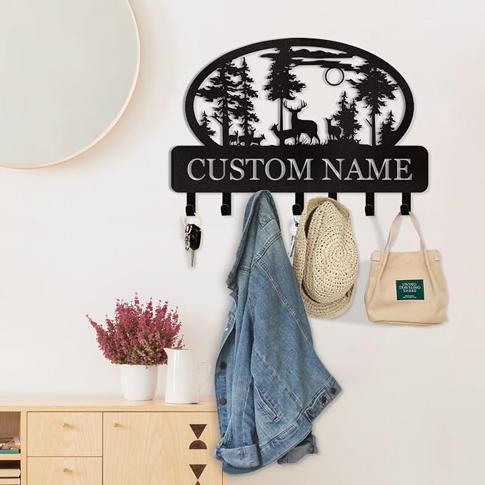Dyoart Personalized Key Holder for Wall, Custom Metal Deer Cabin Key Hooks with Name, Metal Key Holder Hooks Organizer Rack, Key Hanger Decor for Kitchen, Entryway, Hallway, Office, Doorway