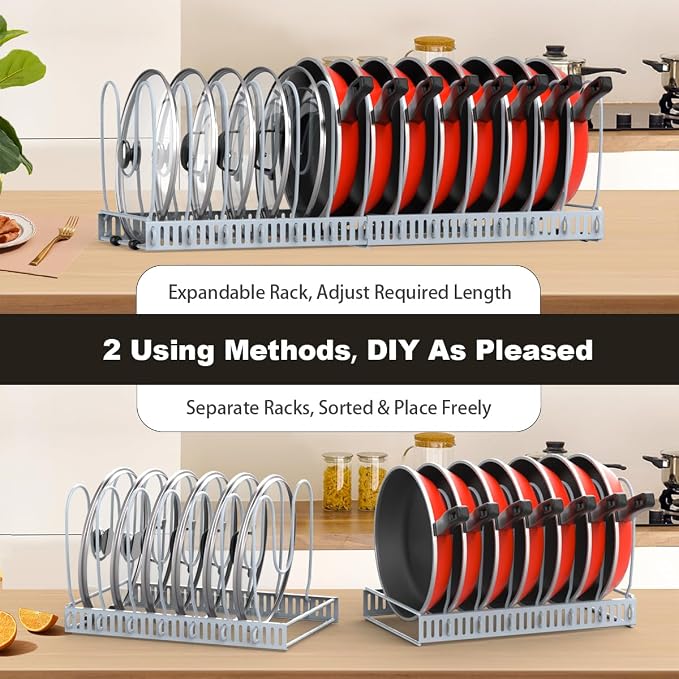 Housolution Pot and Pan Organizer Rack for Cabinet, Upgraded Expandable Pot Lid Organizer with 14 Adjustable Dividers, Pan Holder Storage Rack for Kitchen Cabinet, Grey