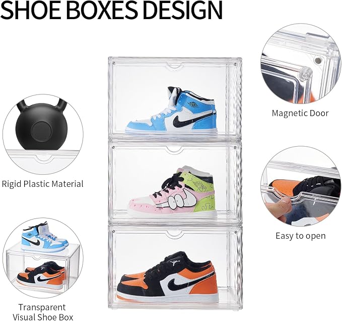 Sneaker Shoe Display Case,Shoe Box with Clear Magnetic Door,Thicken & Sturdy Organizer Containers Stackable,Fit Shoe Size Up to US 14 (X-Large) (X-Large-3pack)