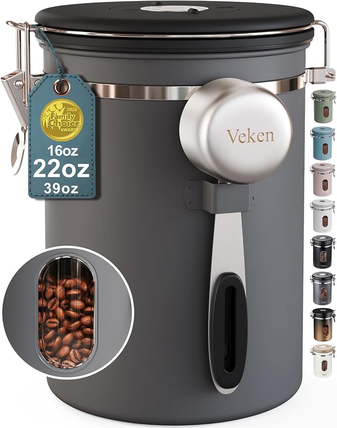 Veken Coffee Canister with Window,Airtight Stainless Steel Kitchen Food Storage Container, Date Tracker & Scoop for Grounds Coffee, Beans, Tea, Flour, Cereal,Sugar,22OZ,Grey