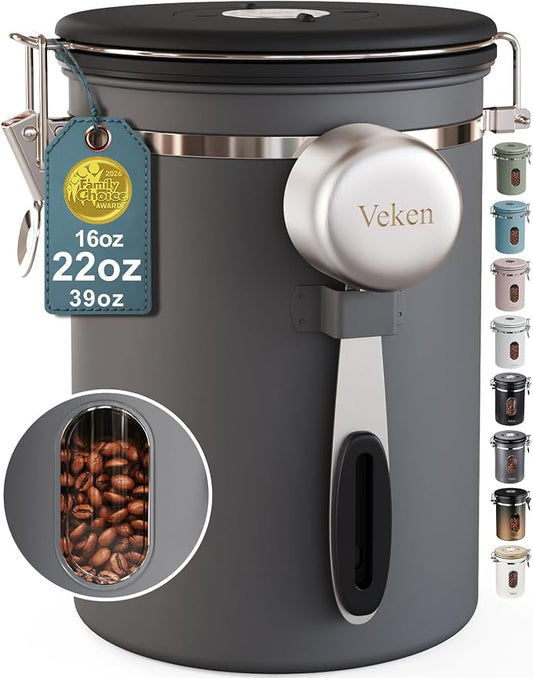 Veken Coffee Canister with Window,Airtight Stainless Steel Kitchen Food Storage Container, Date Tracker & Scoop for Grounds Coffee, Beans, Tea, Flour, Cereal,Sugar,22OZ,Grey
