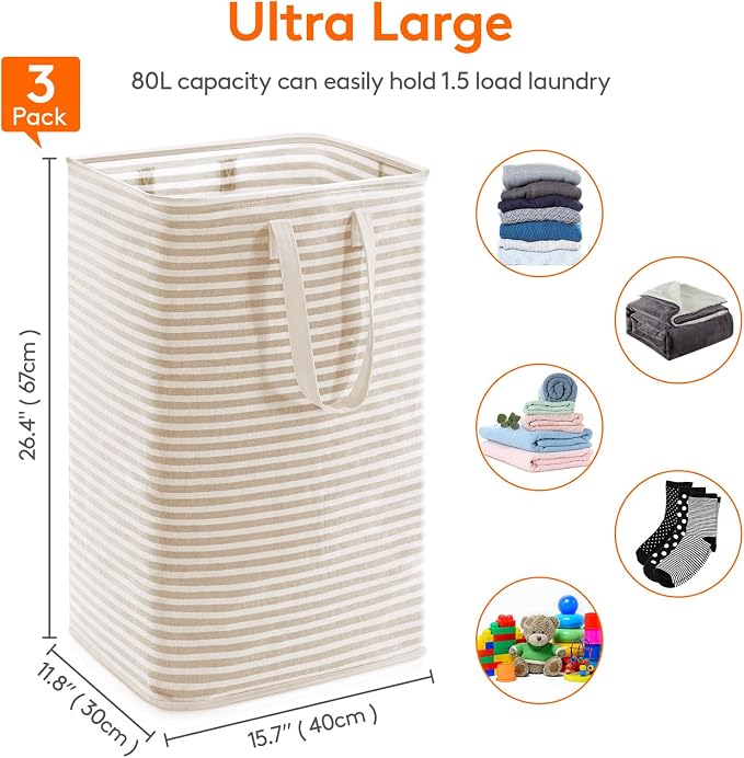 Lifewit 3 Pack Laundry Basket 80L Each, Collapsible Clothes Hamper with Reinforced Handles, Freestanding Waterproof Design for Bedroom and Laundry Room, Beige 240L Total