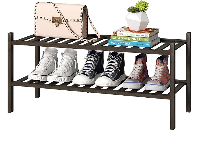 Bamboo Shoe Rack Stackable Shoe Shelf Storage Organizer for Unit Entryway Hallway and Closet Sturdy Freestanding Shoe Shelf(2 Tier Brown)
