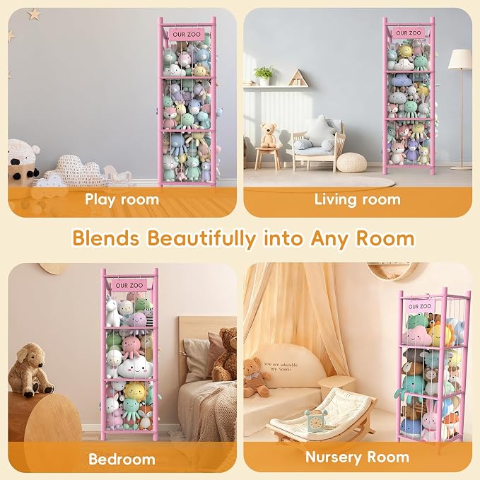 Stuffed Animal Storage Organizer, 53.5" Solid Wood Zoo Toy Holder for Kids Bedroom, Nursery & Playroom, Large Plush Toy Storage Holder, Holds 40 Plush Stuffed Animals, No-Tool Easy Assembly