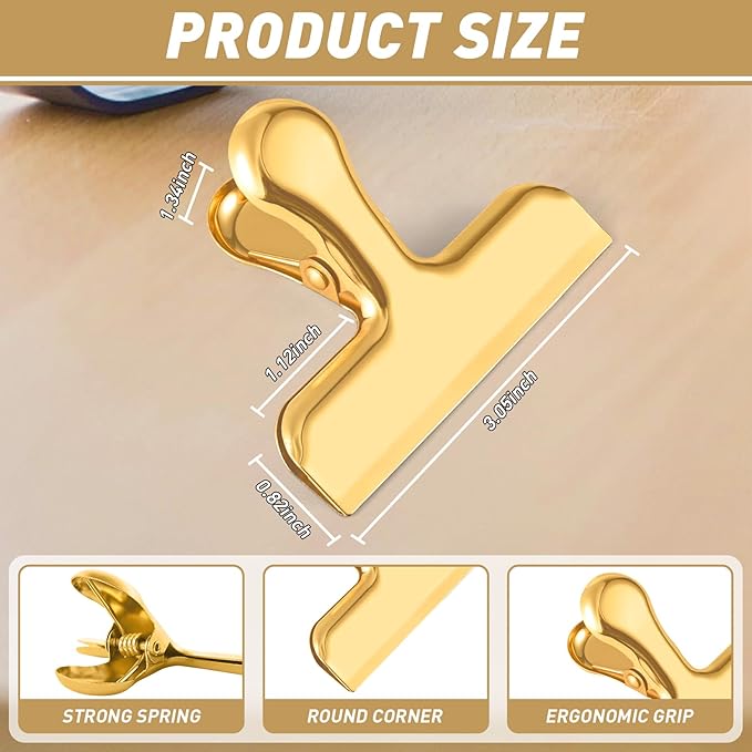 Funfery Chip Clips Bag Clips Gold Stainless Steel Clip for Food Storage,Air Tight Seal Chip Bag Clip 3 Inch Strong Food Clipp for Snack,Chips,Kitchen Decor,Home&Office Paper Heavy Duty-8 Pack