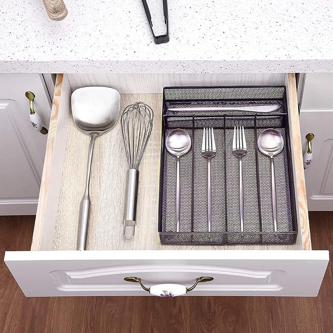 COSWE Silverware Tray for Drawer, Silverware Organizer, Metal Drawer Organizer Kitchen Utensils with Foam Feet Multi Compartments Cutlery Organizer in Drawer