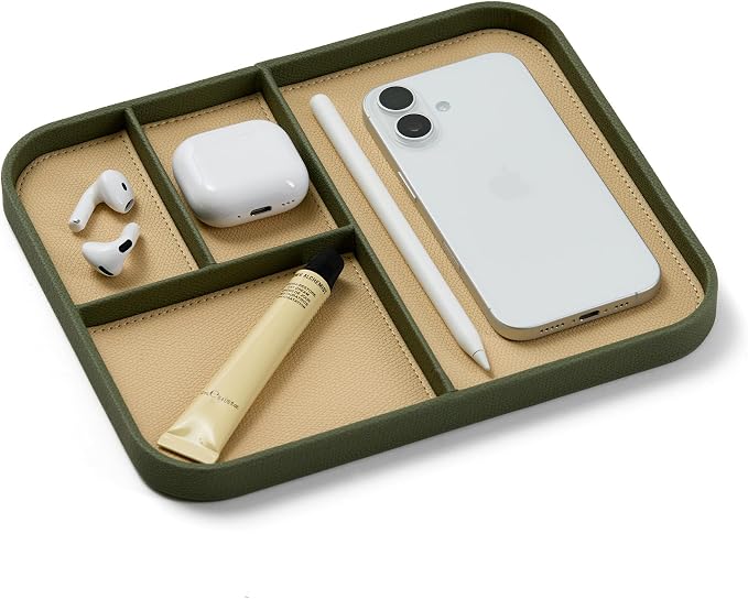 Nordik Leather Valet Tray - Moss Green - 9.5 x 7.9 Inch Medium Vegan Leather Tray - Stylish Nightstand Organizer for Men - Modern Bedside Caddy - EDC Catchall for Key Watch Wallet Jewellery