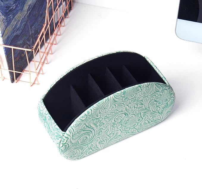 Remote Control Holder, PU Leather Remote Caddy Desktop Organizer with 5 Spacious Compartments for TV Remotes/Media Controllers/Office Supplies (1-Carved3 Green2