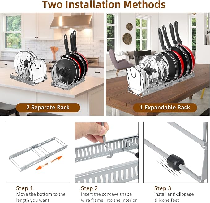 ROOHUA Pot Rack Organizer -Expandable Pot and Pan Organizer for Cabinet,Pot Lid Organizer Holder with 10 Adjustable Compartment for Kitchen Cabinet Cookware Baking Frying Rack Grey