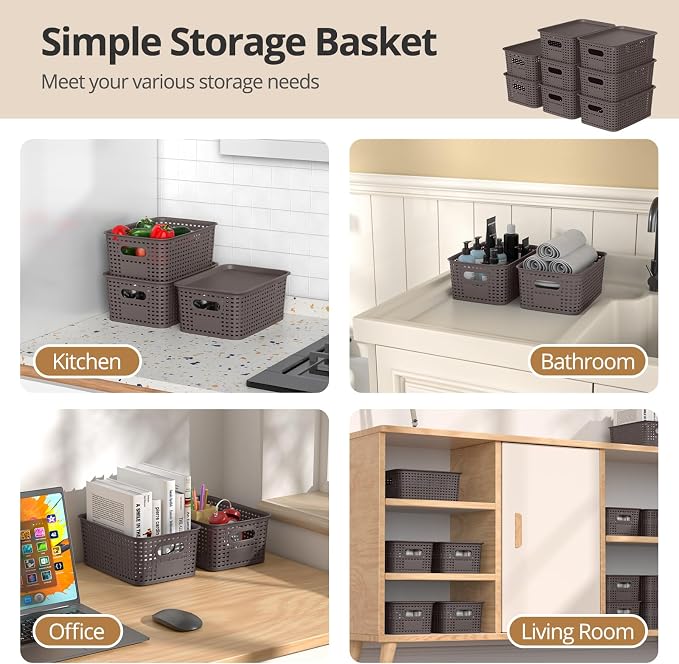 Plastic Storage Basket with Lid, Stackable Small Box Bins for Organizing and Containers for Shelves Drawers Desktop Closet Playroom Pantry Classroom Office Home, 8 Pack 10.2x7.2x4.1 Inch, Brown