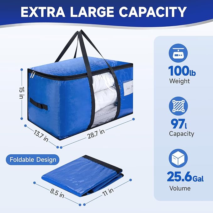 CONGREGATE 8-Pack Heavy Duty Moving Bags, Blue, 28.7"x13.7"x15" | Zippers and Handles, PE Material, Window Design, 97 Liters / 25.6 Gallons