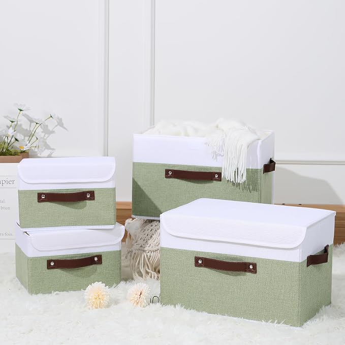 ANMINY 2PCS Storage Boxes with Lids Washable Decorative Storage Bins Basket with PU Leather Handle Foldable Linen Fabric Storage Cubes Containers for Home Closet Organizer - Green White, Medium