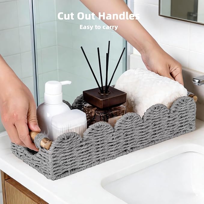 CubesLand Bathroom Basket Organizer w/Cut Out Handle, Back of Toilet Paper Storage Baskets for Bathroom Countertop Decorative, Small Scalloped Wicker Basket Also for Home Decor, Living Room, Grey