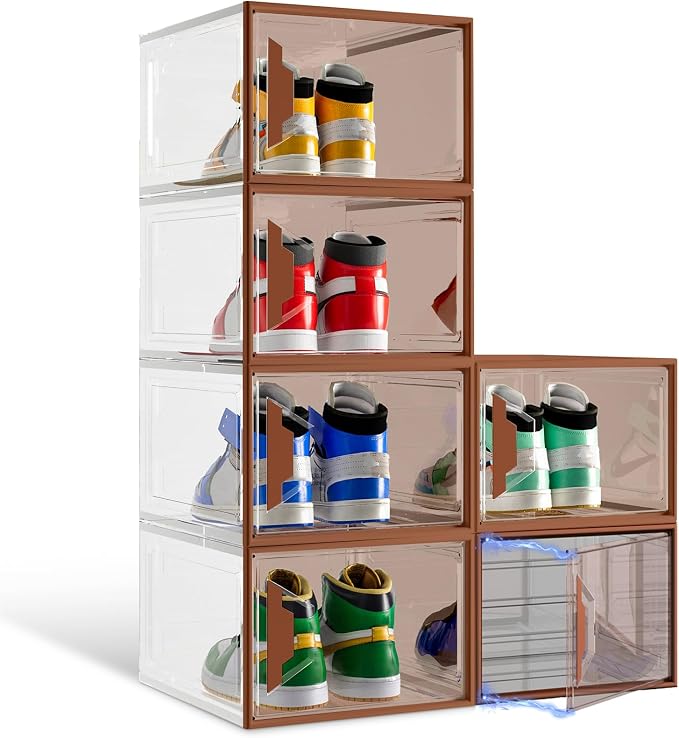 6 Pack Shoe Storage Box Organizer, Clear Thicken Stackable Plastic Shoe Boxes with Magnetic Door, Sturdy Shoe Containers for Sneakers Boots, Easy to Assemble, Fit up to US Size 12(13.2''x10.6''x7.5'')