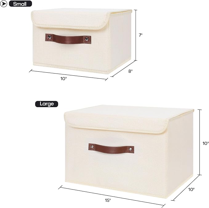 ANMINY Storage Bin with Lid Storage Boxes with PU Leather Handles PP Plastic Board Decorative Foldable Lidded Cotton Linen Fabric Home Cubes Baskets Closet Organizer Container - Beige, Small Size
