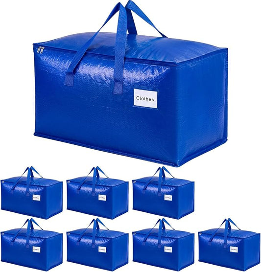 KYODOLED 8 Pack Extra Large Moving Bags with Handles, 24 Gallon Heavy Duty Blue Storage Totes, Waterproof PE Packing Bags for College Move in, Closet Organization & Space Saving, 27x13x15 Inch