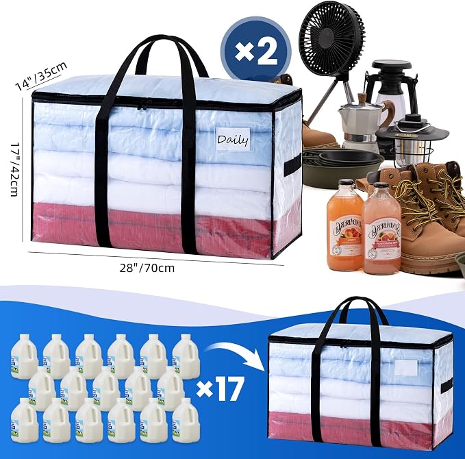 TAILI Extra Large Moving Bags, 2 Pack Clear Heavy Duty Totes For Storage with Visible Window, Wrap Around Handles, Storage Bags for Space Saving, Alternative to Moving Boxes