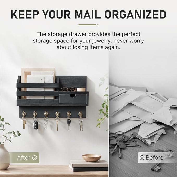 FifthQuarter Key and Mail Holder for Wall, Mail Organizer Wall Mount with 6 Hooks and Storage Drawer, Easy Installation Key Rack for Entryway and Home Decor (A-Black)