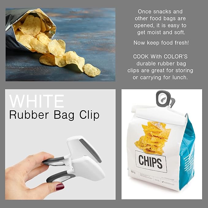 COOK WITH COLOR Wide Heavy Duty Chip Clips, Large Bag Clips for Food Storage, Pack of 4, White