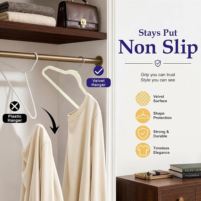 HOUSE DAY Ivory Velvet Hangers 60 Pack, Sturdy Non Slip Hanger Wrinkle-Free | Clothes Hangers with 360° Swivel Hook, Heavy Duty Slim Felt Hangers for Closet Space Saving, No Shoulder Bumps for Shirt-75g